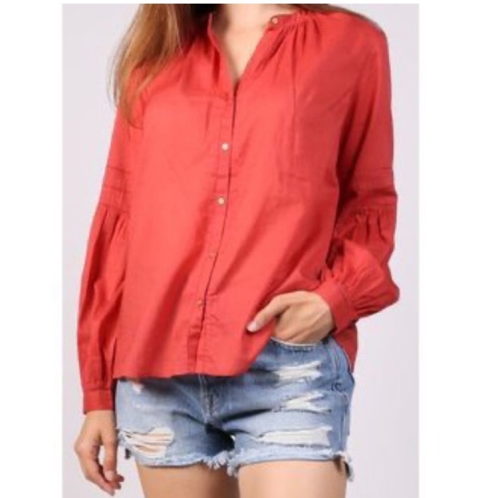 Ulla Johnson Tija Peasant Blouse Coral Red Boho Bohemian Ruffle Button Up Blouse
